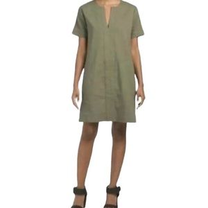 Theory | Saturnina Linen Blend Olive Green Split Neck Shift Dress